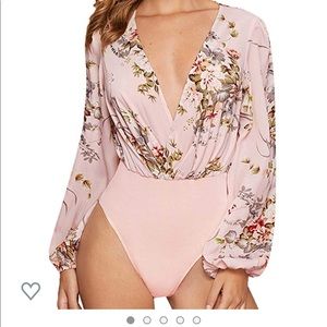 Floral Pink Womens Long Sleeve Wrap V-Neck Leotard